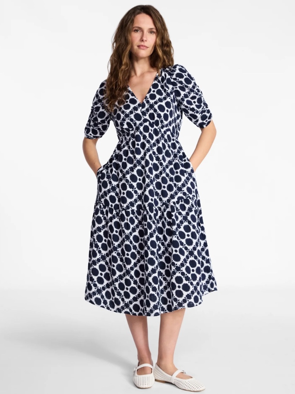 Time and Tru Navy and White V-Neck Printed Midi Dress